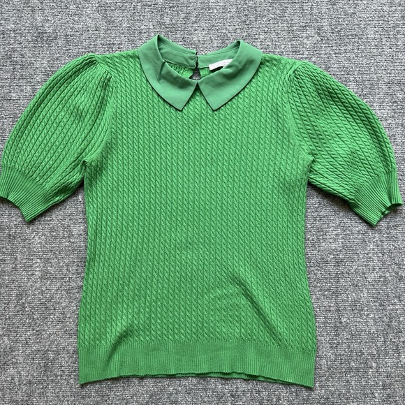 Kelly Green Puff half sleeves with ribbed cuffs Cable Knit Preppy Sweater Size M - Picture 1 of 10